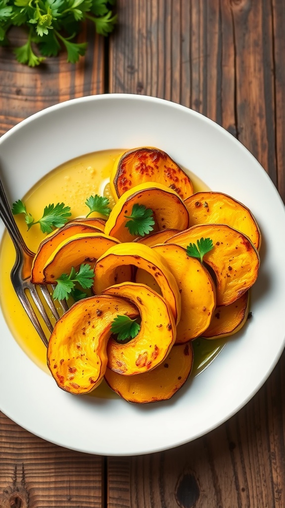 Oven-Baked Yellow Squash with Herbs Oven-baked yellow squash slices garnished with parsley on a wooden table.